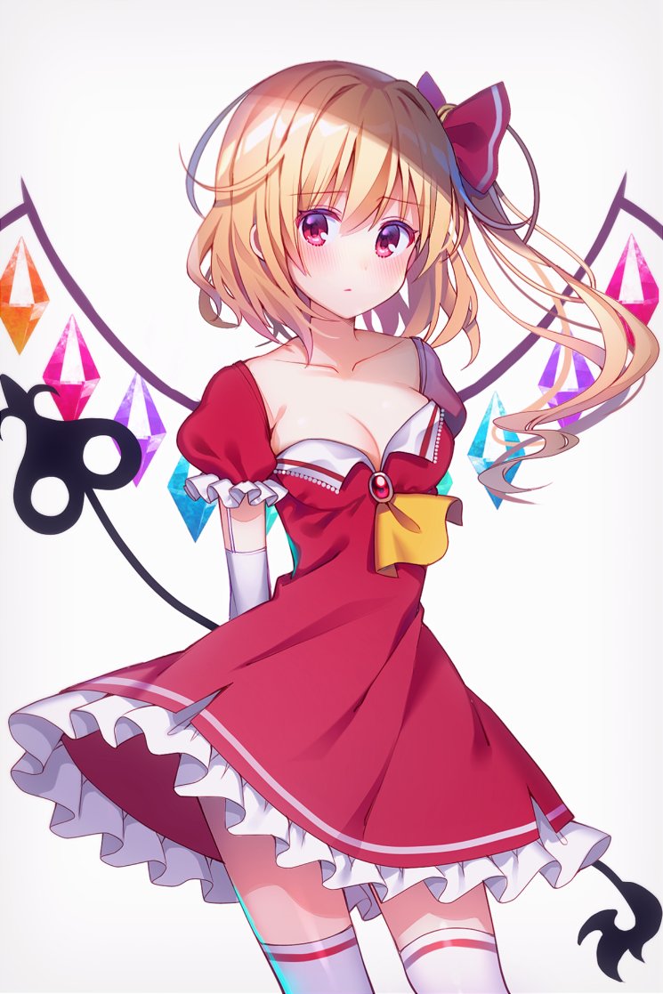 1girl adapted_costume arms_behind_back ascot blonde_hair blush breasts brooch cleavage collarbone commentary_request cowboy_shot crystal dress elbow_gloves eyebrows_visible_through_hair flandre_scarlet gloves grey_background hair_between_eyes hair_ribbon jewelry koto_seori laevatein looking_at_viewer medium_breasts no_hat no_headwear one_side_up petticoat puffy_short_sleeves puffy_sleeves red_dress red_eyes red_ribbon ribbon short_dress short_hair short_sleeves simple_background solo standing thigh-highs touhou white_gloves white_legwear wings yellow_neckwear zettai_ryouiki