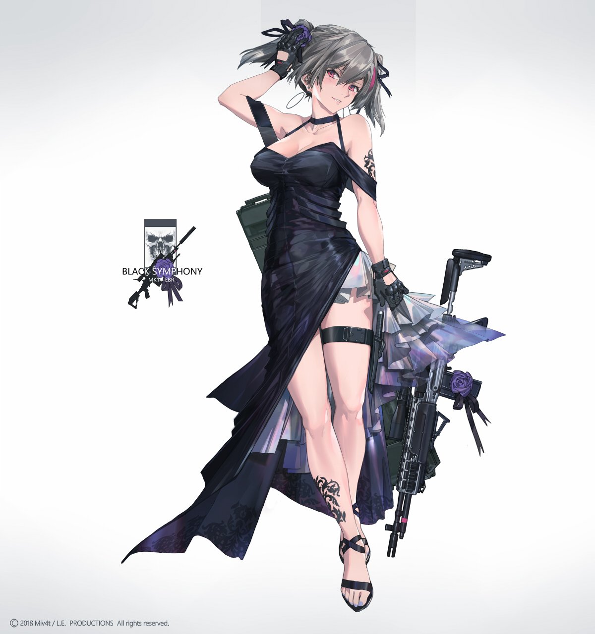 1girl arm_up bare_legs battle_rifle black_dress black_gloves breasts choker cleavage dress earrings flower full_body gloves gradient gradient_background grey_hair gun hair_between_eyes hair_flower hair_ornament hair_ribbon halterneck hand_up highres hoop_earrings jewelry large_breasts looking_at_viewer m14 mivit multicolored_hair original parted_lips pink_eyes ribbon rifle sandals short_twintails side_slit simple_background solo streaked_hair tattoo thigh_strap toenail_polish twintails weapon