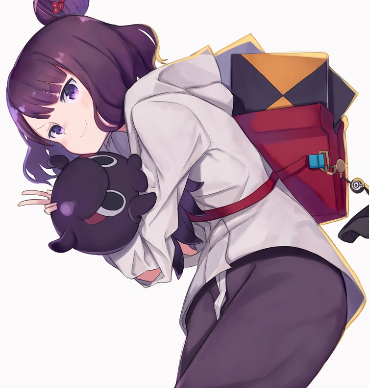 1girl bag casual fate/grand_order fate_(series) hair_bun hood hoodie katsushika_hokusai_(fate/grand_order) looking_at_viewer octopus purple_hair short_hair simple_background sketchbook smile totatokeke v violet_eyes white_background