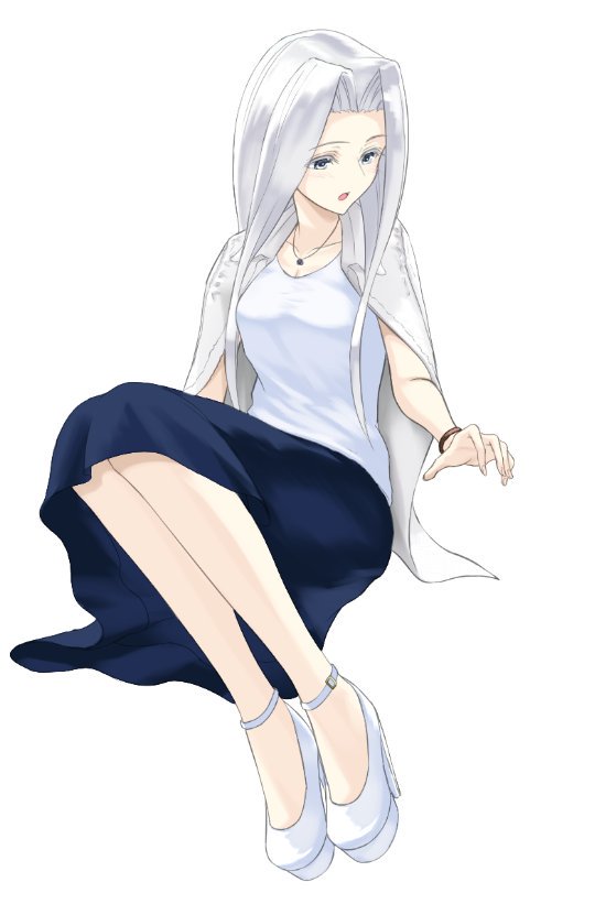 1girl aiu_eo alternate_costume azur_lane blouse blue_skirt bracelet breasts cardigan cleavage contemporary full_body grey_eyes high_heels jacket_on_shoulders jewelry legs_together long_hair looking_down medium_breasts necklace open_mouth silver_hair simple_background sitting skirt solo white_background white_blouse yorktown_(azur_lane)