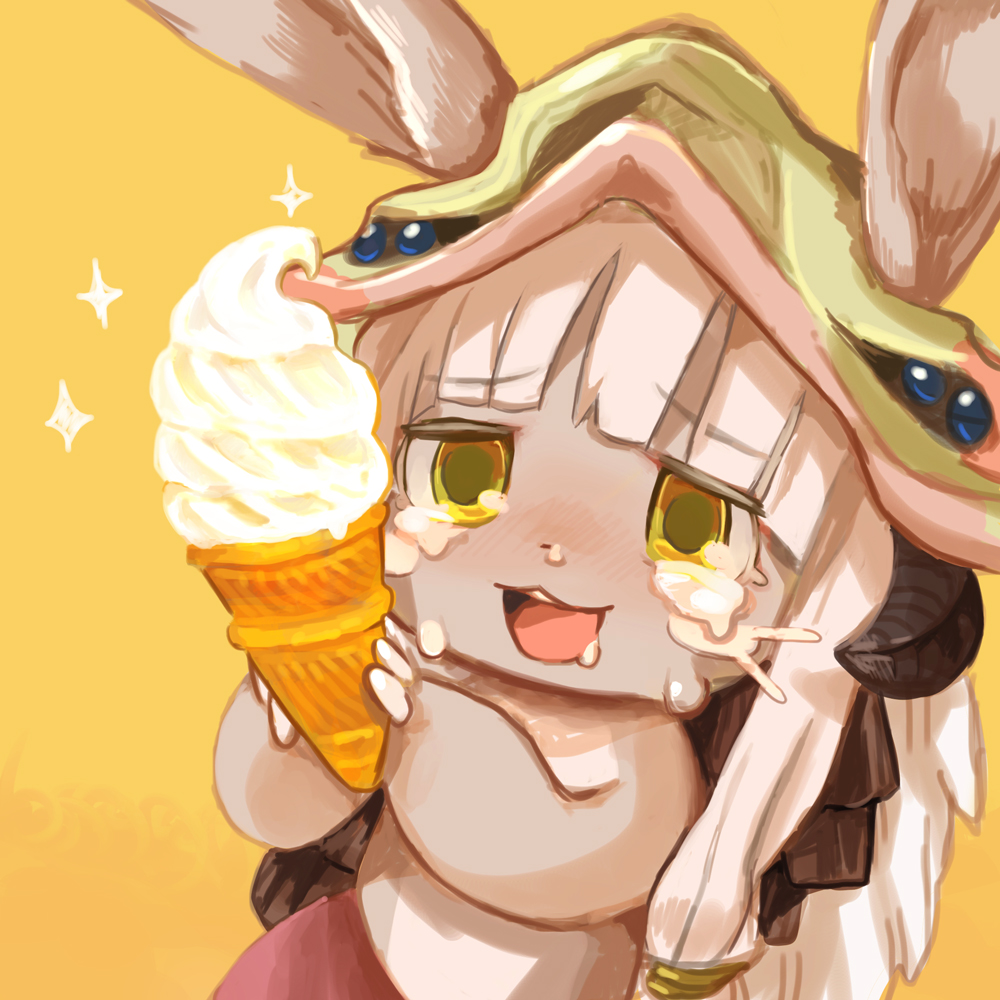 1girl :3 animal_ears buchi0122 crying crying_with_eyes_open food furry helmet holding holding_food ice_cream ice_cream_cone made_in_abyss nanachi_(made_in_abyss) simple_background soft_serve solo tears whiskers white_hair yellow_eyes