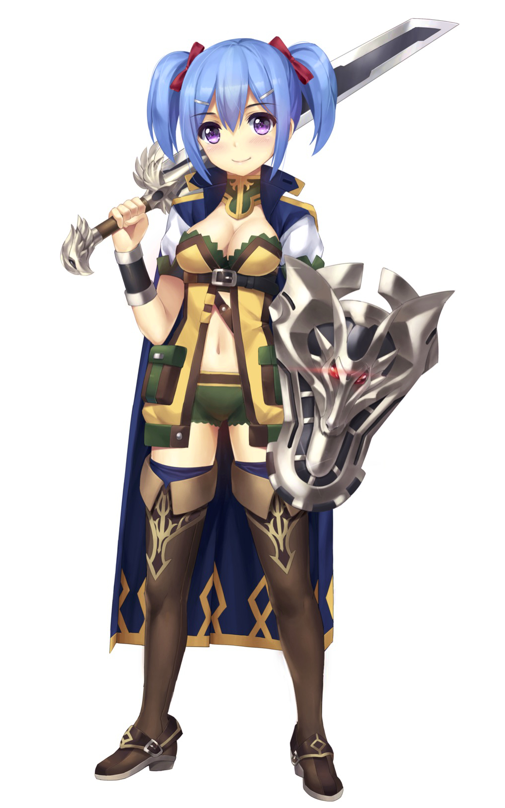 1girl belt blue_hair blush boots bow breasts brown_footwear cape closed_mouth commentary english_commentary glowing hair_bow hair_ornament hairclip hand_up head_tilt highres holding holding_sword holding_weapon knight looking_at_viewer navel original over_shoulder red_bow shield short_hair short_shorts short_sleeves shorts small_breasts smile solo sword thigh-highs thigh_boots tonee twintails violet_eyes warrior weapon weapon_over_shoulder