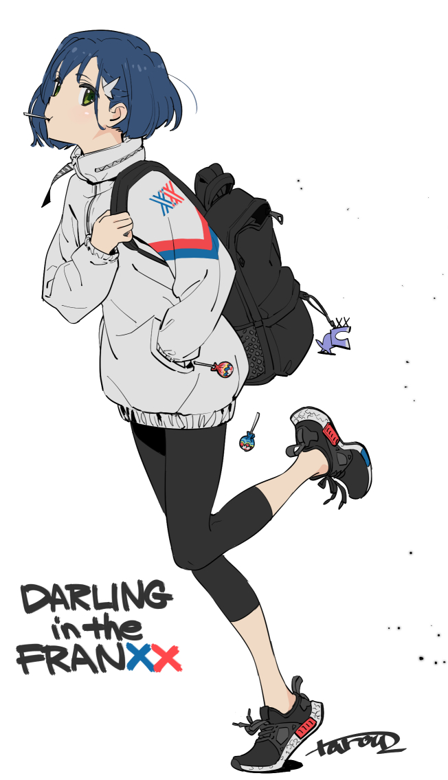 1girl alternate_costume backpack bag blue_hair candy casual chupa_chups darling_in_the_franxx food ichigo_(darling_in_the_franxx) jacket leggings lollipop shoes sneakers tarou2