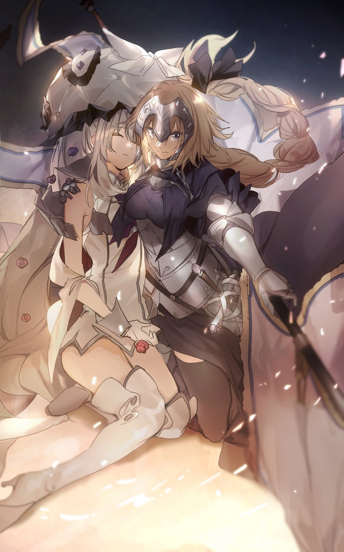 armor armored_dress blonde_hair blue_eyes braid capelet chains closed_eyes closed_mouth dress eyebrows_visible_through_hair fate/apocrypha fate/grand_order fate_(series) faulds flag fur_trim gauntlets gloves hat headpiece highres holding_another's_arm jeanne_d'arc_(fate) jeanne_d'arc_(fate)_(all) long_braid long_hair marie_antoinette_(fate/grand_order) no-kan outstretched_arm plackart protecting sheath sheathed silver_hair single_braid sleeveless sleeveless_dress standard_bearer sword takeuchi_takashi tears thigh-highs unconscious very_long_hair weapon
