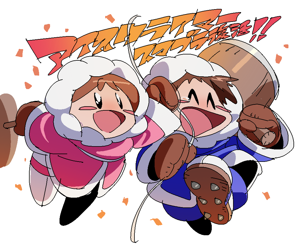 1boy 1girl ^_^ black_eyes blush_stickers brown_gloves brown_hair celebration closed_eyes confetti gloves home_(houmei) ice_climber mallet nana_(ice_climber) open_mouth parka popo_(ice_climber) rope simple_background smile spiked_boots super_smash_bros. tearing_up white_background