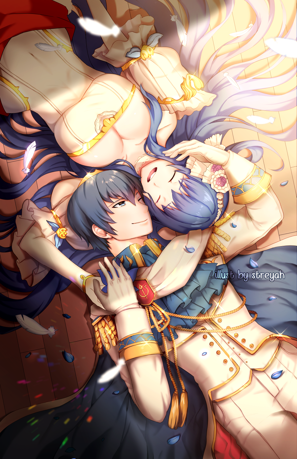 1boy 1girl alternate_costume blue_hair breasts cape cleavage closed_eyes covered_navel dress feathers fire_emblem fire_emblem:_mystery_of_the_emblem fire_emblem_heroes flower formal hand_holding happy highres husband_and_wife long_hair looking_at_another marth one_eye_closed petals sheeda smile streya very_long_hair wedding_dress