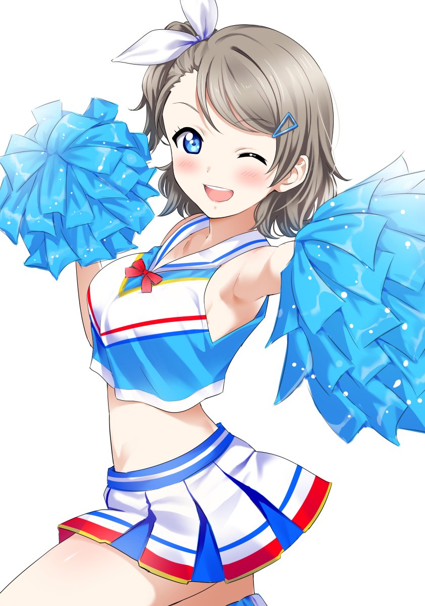 1girl belly_button blue_eyes blush bow cheerleader hair_bow highres love_live! love_live!_sunshine!! one_eye_closed open_mouth parted_lips pom_poms ribbon rozen5 tagme upper_teeth watanabe_you wink