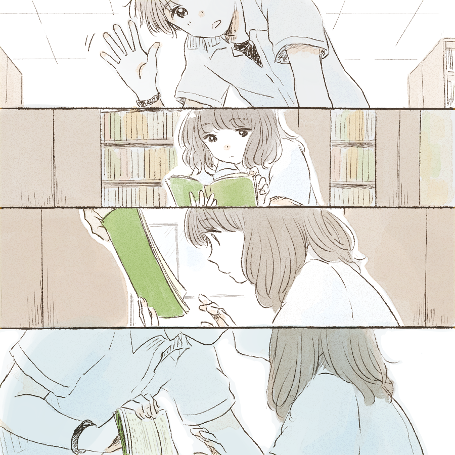 1boy 1girl 4koma backlighting bangs black_hair blunt_bangs book bookshelf closed_mouth collared_shirt comic couple dot_nose expressionless eyebrows_visible_through_hair from_below from_side hand_up hands_up hetero indoors itunohika kiss library looking_down medium_hair motion_lines open_book open_hand original outline parted_lips pov profile reading school_uniform shirt short_sleeves silent_comic tareme upper_body waving wavy_hair white_shirt wing_collar wristband