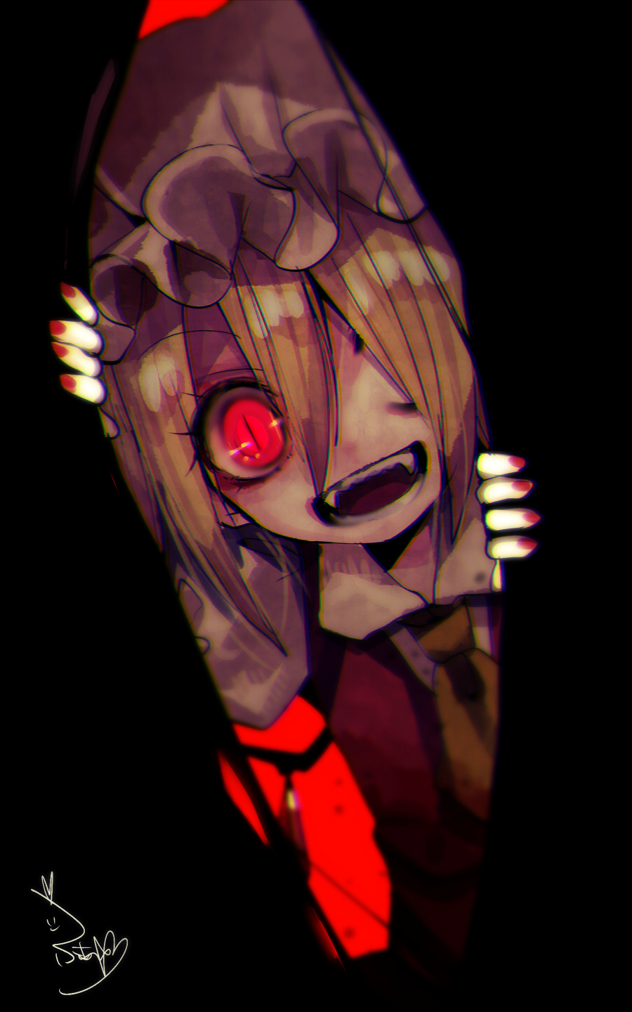 1girl :d artist_name ascot black_background blonde_hair commentary_request crystal eyebrows_visible_through_hair fangs flandre_scarlet fua_yuu hair_between_eyes hair_over_one_eye hat highres mob_cap nail_polish open_mouth puffy_short_sleeves puffy_sleeves red_background red_eyes red_nails short_hair short_sleeves signature slit_pupils smile solo touhou upper_body white_hat wings yellow_neckwear