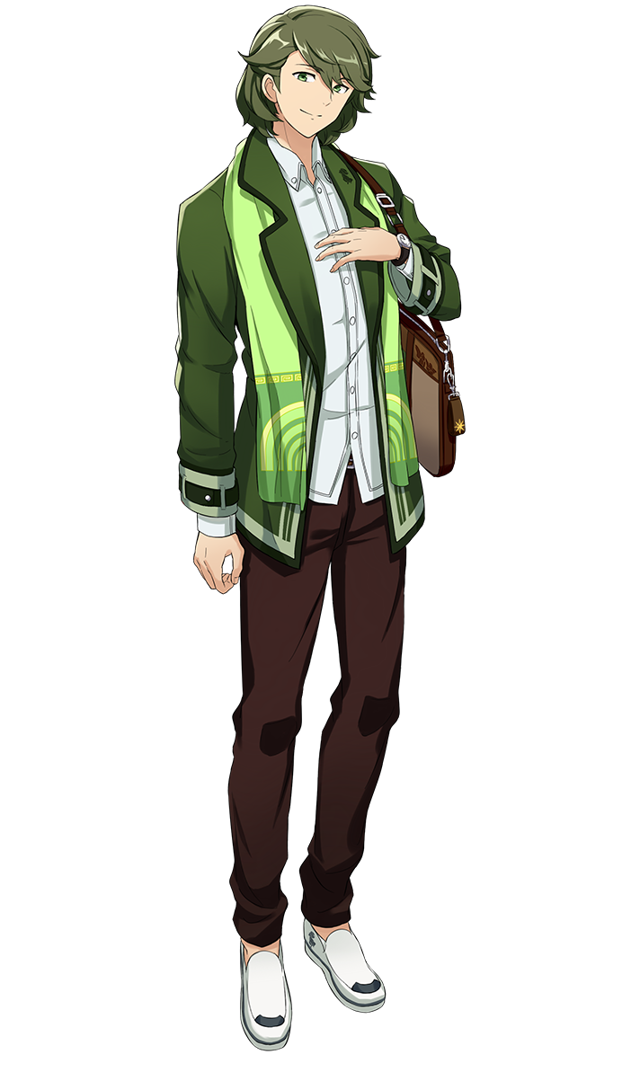 1boy green_eyes green_hair highres jacket looking_at_viewer male_focus official_art palette_parade raphael_(palette_parade) scarf smile solo
