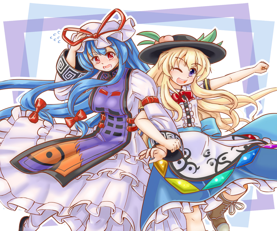 2girls ;d alternate_breast_size alternate_hairstyle armband bangs blonde_hair blue_hair blush boots bow clenched_hands commentary_request cosplay costume_switch cropped_legs cross-laced_footwear dress eyebrows_visible_through_hair feet_out_of_frame flying_sweatdrops food frilled_skirt frills fruit hair_between_eyes hair_blowing hair_ribbon hand_on_headwear hat hat_ribbon hinanawi_tenshi layered_dress leaf leg_lift locked_arms long_hair long_sleeves looking_at_viewer mail_(mail_gell) mob_cap multiple_girls one_eye_closed open_mouth outstretched_arm pantyhose peach red_bow red_eyes ribbon short_sleeves simple_background skirt smile standing standing_on_one_leg tabard touhou tress_ribbon trigram two-tone_background very_long_hair violet_eyes white_dress white_legwear yakumo_yukari yin_yang