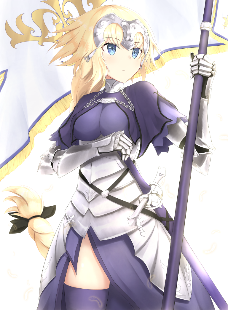 1girl armor armored_dress banner black_ribbon blonde_hair blue_dress blue_eyes blue_legwear braid cowboy_shot dress eyes fate/apocrypha fate_(series) feathers floating_hair gauntlets hair_ribbon hand_on_hilt holding holding_weapon jeanne_d'arc_(fate) jeanne_d'arc_(fate)_(all) long_hair nankaichimu ponytail ribbon sheath sheathed simple_background single_braid solo standing sword thigh-highs very_long_hair weapon white_background
