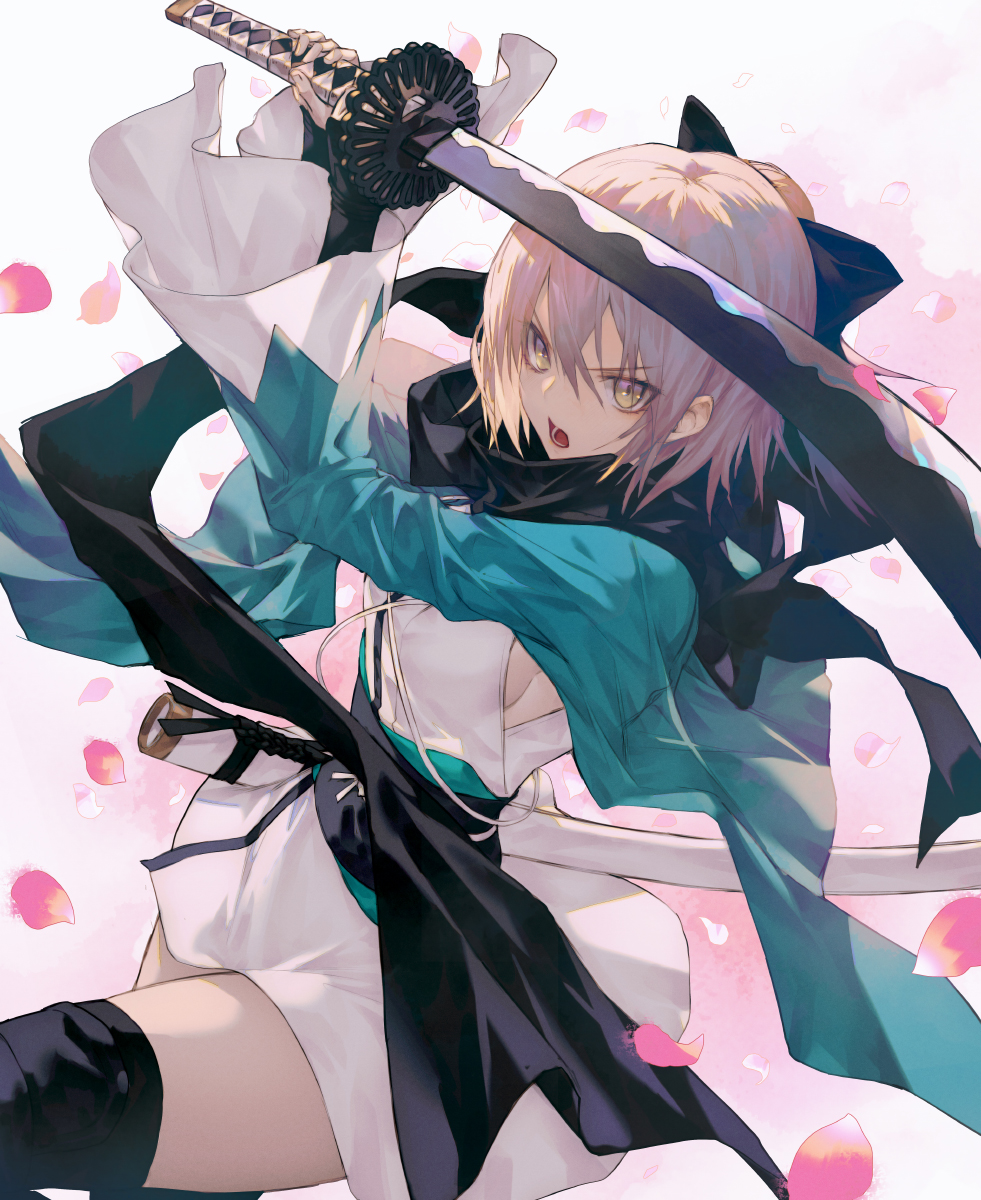 1girl bangs black_legwear blonde_hair bow breasts commentary_request fate/grand_order fate_(series) hair_between_eyes hair_bow haori highres holding holding_sword holding_weapon japanese_clothes katana kimono koha-ace obi okita_souji_(fate) open_mouth petals sash scarf short_hair short_kimono simple_background solo sword wanke weapon wide_sleeves yellow_eyes