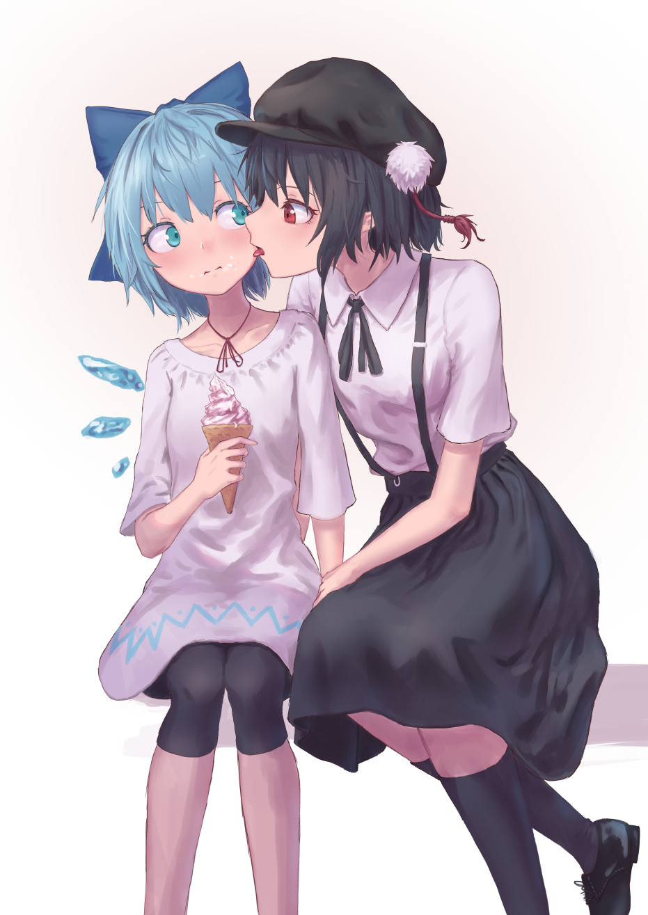 2girls alternate_costume beige_background black_footwear black_hair black_hat black_legwear black_neckwear black_pants black_ribbon black_skirt blue_bow blue_eyes blue_hair blush bow breasts cabbie_hat casual cirno collarbone commentary_request contemporary eye_contact face_licking feet_out_of_frame food gradient gradient_background hair_bow hat highres holding holding_food ice ice_cream ice_wings kneehighs licking looking_at_another medium_breasts multiple_girls neck_ribbon pants pom_pom_(clothes) red_eyes red_neckwear red_ribbon ribbon roke_(taikodon) shameimaru_aya shirt shoes short_sleeves sitting skirt suspender_skirt suspenders tassel tongue tongue_out touhou white_background white_shirt wing_collar wings yuri