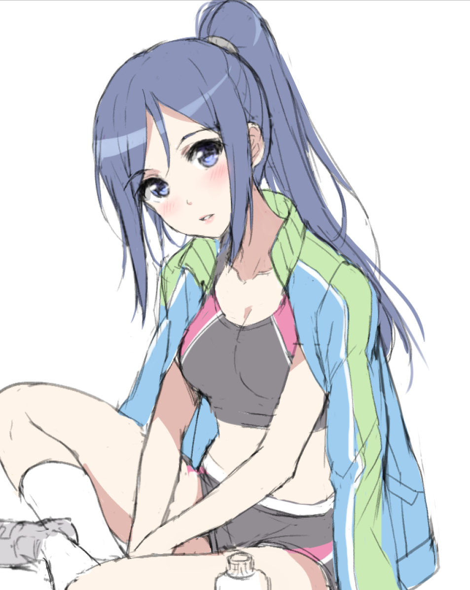 blush breasts cleavage commentary english_commentary head_tilt indian_style jacket_on_shoulders large_breasts long_hair looking_at_viewer love_live! love_live!_school_idol_project love_live!_sunshine!! matsuura_kanan parted_lips ponytail purple_hair shoes simple_background sitting sketch socks sports_bra tonee violet_eyes white_background white_legwear