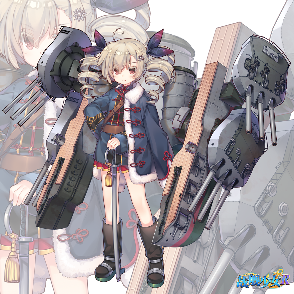 1girl ahoge belt blonde_hair boots cannon commentary_request copyright_name drill_hair full_body hair_ornament hair_ribbon hairclip jiang-ge looking_at_viewer military military_uniform official_art red_eyes ribbon smile solo sword twin_drills uniform weapon zhan_jian_shao_nyu