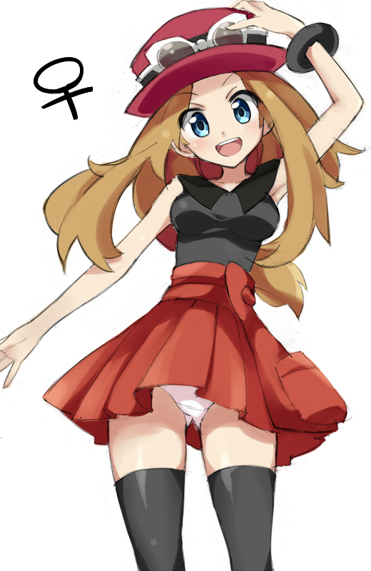 1girl black_skirt black_thighhighs breasts dress female kneehighs large_breasts long_hair miniskirt open_mouth panties pantyshot pokemon red_dress serena_(pokemon) skirt solo unacchi_(nyusankin) underwear upper_teeth white_background white_panties