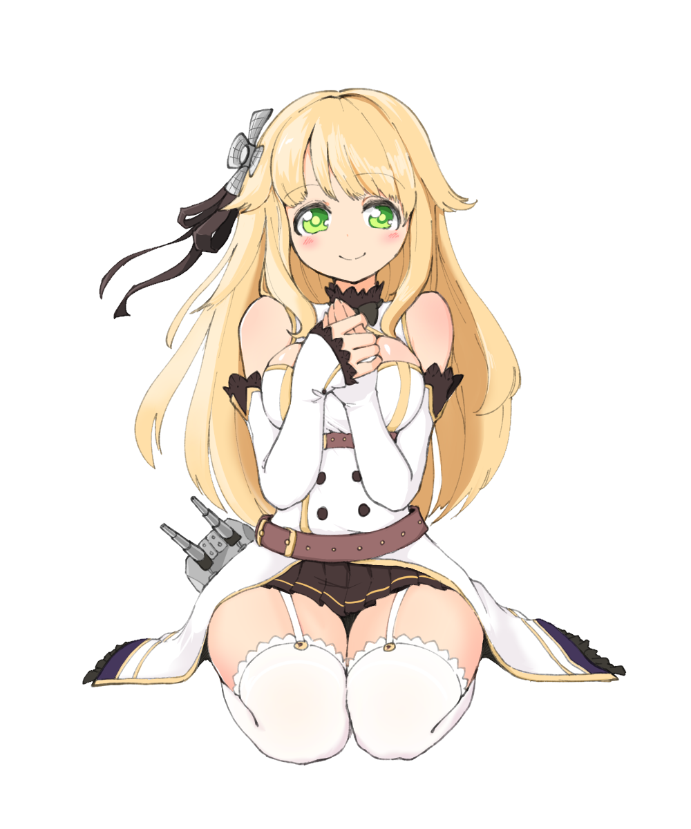 1girl aurora_(f10)_(azur_lane) azur_lane bangs bare_shoulders belt black_ribbon black_skirt blonde_hair blush breasts cleavage closed_mouth detached_sleeves elflorri eyebrows_visible_through_hair garter_straps green_eyes hair_flaps hair_ribbon hands_together highres large_breasts long_hair long_sleeves looking_at_viewer loose_belt miniskirt pleated_skirt ribbon seiza simple_background sitting skirt sleeves_past_wrists smile solo thigh-highs very_long_hair white_background white_legwear