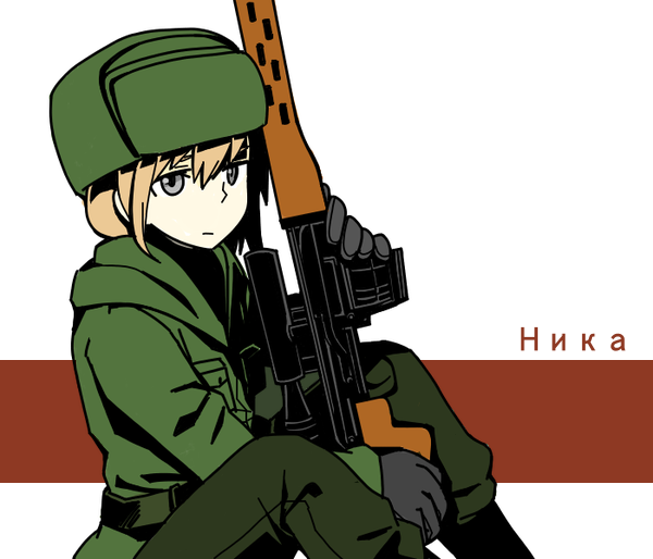 1girl bangs belt black_gloves blonde_hair boots closed_mouth cyrillic dragunov_svd fur_hat gloves green_jacket green_pants grey_eyes gun hagiwara_(kururabo02) hat holding holding_weapon jacket military military_uniform original pants rifle russian scope simple_background sitting sniper_rifle solo translated uniform ushanka weapon