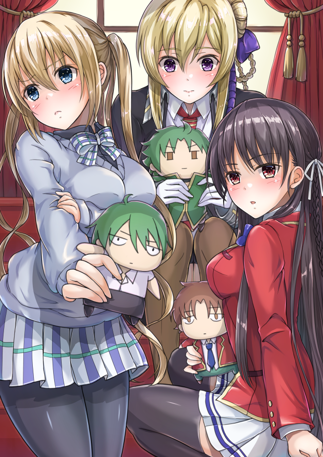 3boys 3girls akizuki_kouyou ayanokouji_kiyotaka black_hair black_jacket black_legwear black_shirt blazer blend_s blonde_hair blue_eyes blue_neckwear blush bow bowtie brown_eyes brown_hair brown_pants character_doll chibi collared_shirt crossover curtains gloves grancrest_senki green_hair green_jacket green_pants grey_vest hair_bow hair_ribbon hinata_kaho horikita_suzune hoshimaemi indoors jacket jitome kneeling long_hair long_sleeves looking_at_viewer looking_away multiple_boys multiple_girls necktie pants pantyhose plaid plaid_neckwear plaid_skirt purple_bow red_curtains red_eyes red_jacket red_neckwear ribbon school_uniform shirt short_sleeves siluca_meletes sitting skirt sweater_vest theo_cornaro thigh-highs twintails vest violet_eyes white_gloves white_neckwear white_ribbon white_shirt white_skirt window youkoso_jitsuryoku_shijou_shugi_no_kyoushitsu_e