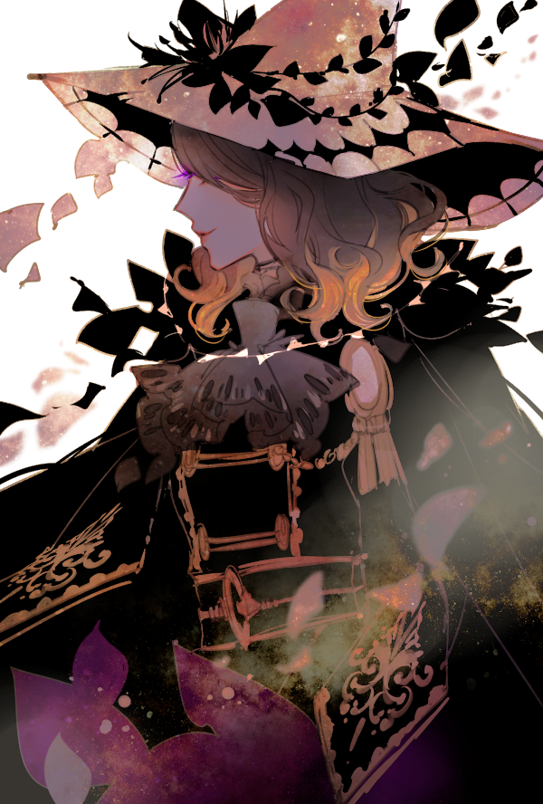 1girl ascot black_dress blonde_hair brown_neckwear chino_machiko closed_mouth copyright_request covered_eyes dress from_side hat petals profile smile solo upper_body witch_hat