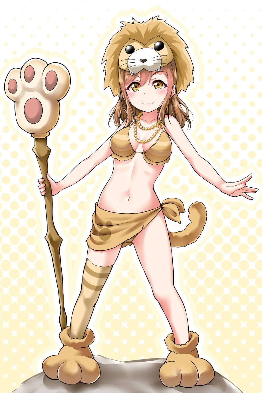 &gt;:) 1girl bangs bikini_top blush breasts brown_bikini_top brown_hair collarbone commentary_request full_body halftone halftone_background highres holding holding_staff jewelry kunikida_hanamaru lion_hood lion_tail loincloth looking_at_viewer love_live! love_live!_school_idol_festival love_live!_sunshine!! medium_breasts midriff navel necklace paw_boots paw_print single_thighhigh solo staff standing tail thigh-highs yellow_eyes yopparai_oni