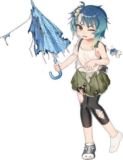 1girl akasaka_yuzu blue_hair brown_eyes fukae_(kantai_collection) green_skirt holding holding_umbrella kantai_collection official_art one_eye_closed open_mouth pleated_skirt shirt shoes short_hair short_sleeves simple_background skirt sneakers solo teruterubouzu torn_clothes torn_shirt torn_skirt transparent_background umbrella white_background white_shirt