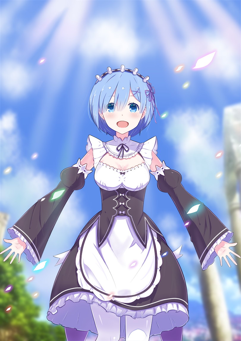 1girl :d apron black_skirt blue_eyes blue_hair blue_sky blurry blurry_background blush breasts choker cleavage clouds day detached_sleeves eyes flower frilled_skirt frills hair_between_eyes hair_flower hair_ornament hair_ribbon head_wreath medium_breasts open_mouth outdoors purple_ribbon re:zero_kara_hajimeru_isekai_seikatsu rem_(re:zero) ribbon ribbon-trimmed_sleeves ribbon_trim shiny shiny_skin short_hair skirt sky smile solo standing white_apron white_flower white_legwear xingye_you_xia