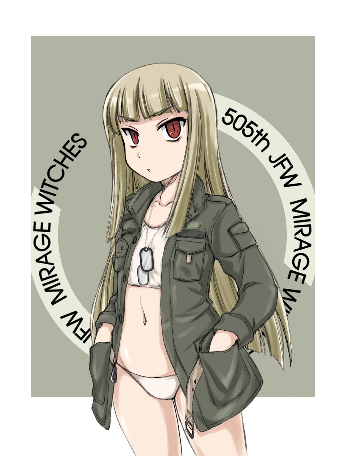 1girl 505th_joint_fighter_wing bangs belt blonde_hair blunt_bangs bra collarbone commentary cowboy_shot dog_tags english eyebrows_visible_through_hair flat_chest grete_m_gollob grey_background hands_in_pockets highres jacket long_hair long_sleeves looking_at_viewer military military_uniform navel no_pants open_clothes open_jacket outside_border panties parted_lips red_eyes solo standing straight_hair training_bra unbuckled_belt underwear uniform wan'yan_aguda white_bra white_panties world_witches_series
