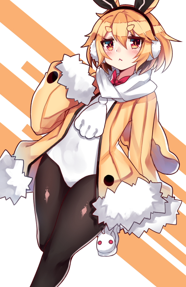 1girl :&lt; animal_ears animal_slippers bangs black_legwear blonde_hair blush bow bowtie bunny_earmuffs bunny_slippers bunny_tail bunnysuit covered_navel earmuffs eyebrows fur-trimmed_jacket fur-trimmed_sleeves fur_trim jacket leg_up leotard long_sleeves osiimi pantyhose rabbit rabbit_ears red_bow red_eyes red_neckwear short_hair sleeves_past_wrists solo tail usalia_(disgaea) white_leotard yellow_background yellow_jacket