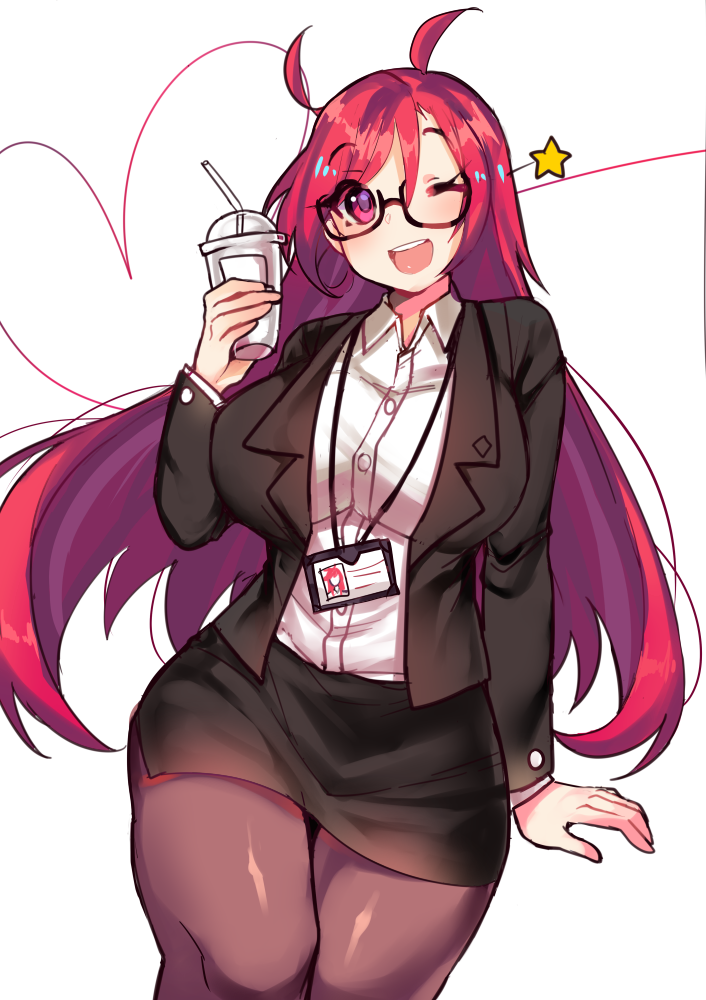 1girl antenna_hair arm_support black-framed_eyewear black_jacket breasts business_suit card collared_shirt cowboy_shot cup formal glasses heart holding holding_cup jacket large_breasts long_hair miniskirt office_lady one_eye_closed open_mouth original osiimi pantyhose red_eyes redhead semi-rimless_eyewear shirt side_slit simple_background skirt skirt_suit smile solo star suit under-rim_eyewear very_long_hair white_background white_shirt wing_collar