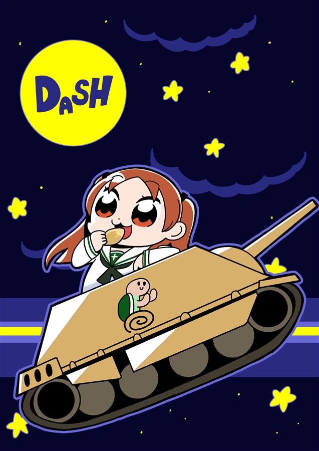 1girl :3 bangs bkub black_neckwear black_scrunchie blouse blue_background brown_eyes brown_hair clouds cover cover_page doujin_cover emblem eyebrows_visible_through_hair floating_hair food girls_und_panzer green_shirt ground_vehicle hair_ornament hair_scrunchie holding holding_food jagdpanzer_38(t) kadotani_anzu long_sleeves military military_vehicle moon motor_vehicle neckerchief night ooarai_(emblem) ooarai_school_uniform open_mouth parted_bangs school_uniform scrunchie serafuku shirt simple_background sky star star_(sky) starry_sky sweet_potato tank twintails white_blouse