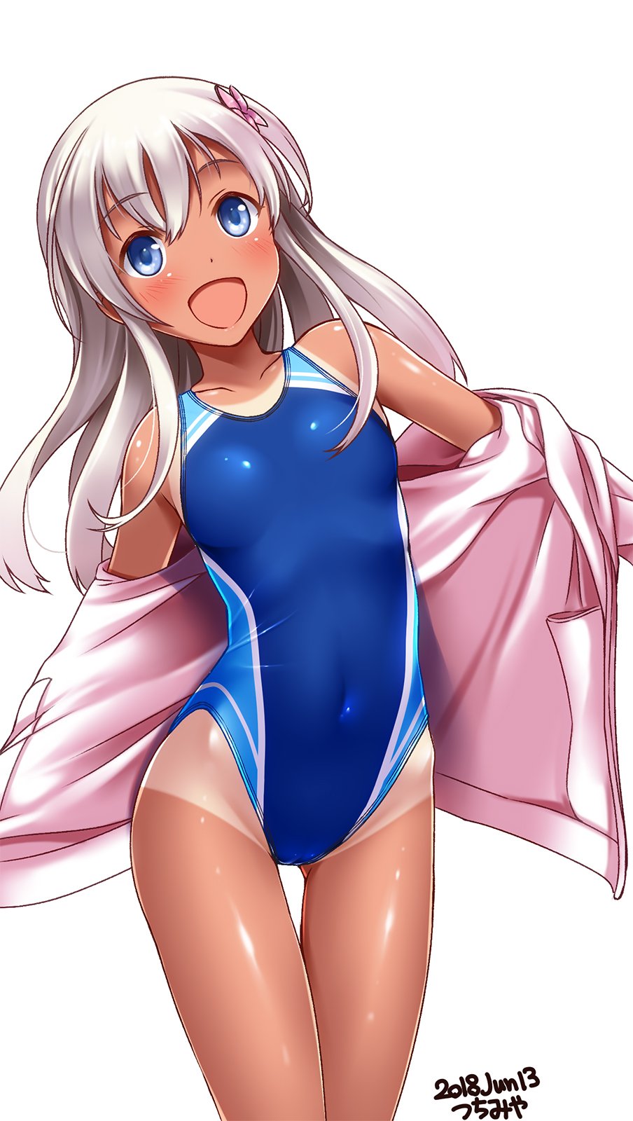 1girl alternate_costume artist_name blonde_hair blue_eyes blue_swimsuit competition_swimsuit covered_navel cowboy_shot dated gluteal_fold highres jacket kantai_collection looking_at_viewer one-piece_swimsuit one-piece_tan open_clothes open_jacket open_mouth outstretched_arms pink_jacket ro-500_(kantai_collection) simple_background smile solo swimsuit swimsuit_under_clothes tan tanline tsuchimiya white_background