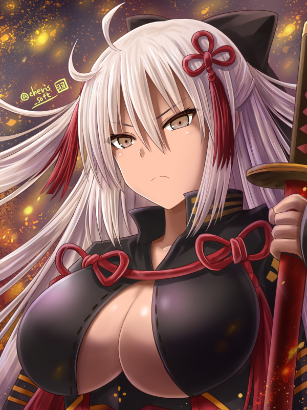 1girl ahoge black_bow board_game bow breasts cleavage dark_skin fate/grand_order fate_(series) go hair_between_eyes hair_bow haura_akitoshi koha-ace large_breasts long_hair looking_at_viewer okita_souji_(fate) okita_souji_alter_(fate) solo sword tied_hair very_long_hair weapon white_hair yellow_eyes