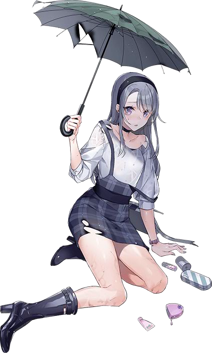 1girl alternate_costume asymmetrical_bangs bangs boots drew_(drew213g) hairband kantai_collection long_hair official_art open_mouth sagiri_(kantai_collection) silver_hair swept_bangs tareme torn_clothes umbrella violet_eyes