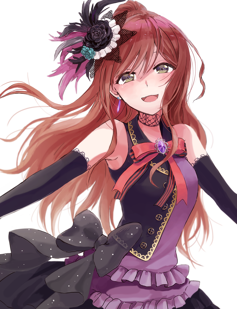 1girl aqua_rose bang_dream! bangs black_bow black_eyes black_feathers black_flower black_gloves black_rose black_vest bow brooch brown_hair commentary_request dress earrings elbow_gloves feathers flower frills gloves hair_feathers hair_flower hair_ornament half_updo highres imai_lisa jewelry lace lace-trimmed_gloves lace_choker long_hair looking_at_viewer neck_ribbon purple_feathers red_neckwear ribbon rose sakurai_tooru simple_background solo vest white_background