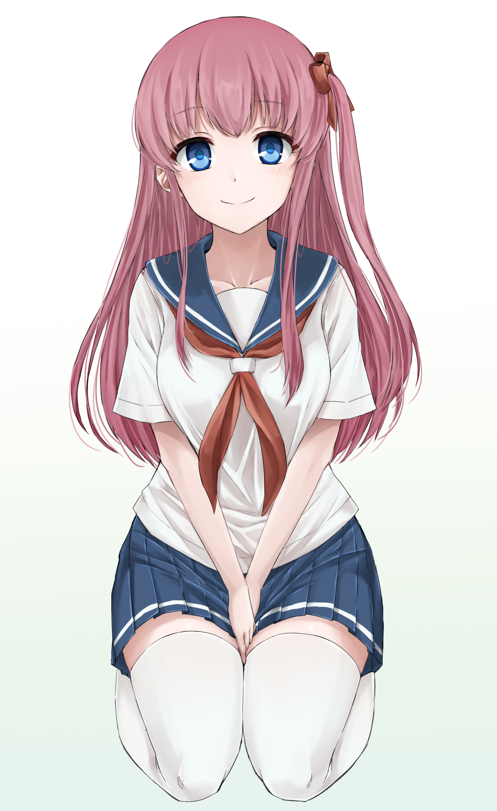 1girl blouse blue_eyes blue_skirt closed_mouth eyebrows_visible_through_hair full_body grey_background hair_ribbon haramura_nodoka highres kiyosumi_school_uniform long_hair looking_at_viewer miniskirt neckerchief nomaru one_side_up pink_hair pleated_skirt red_neckwear red_ribbon ribbon saki school_uniform seiza serafuku short_hair simple_background sitting skirt smile striped striped_legwear thigh-highs v_arms white_blouse white_legwear