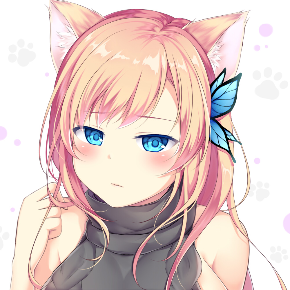 1girl animal_ears bare_shoulders blonde_hair blue_eyes blush boku_wa_tomodachi_ga_sukunai breasts butterfly_hair_ornament cat_ears closed_mouth eyebrows_visible_through_hair hair_ornament imoguri kashiwazaki_sena large_breasts long_hair looking_at_viewer sideboob solo sweater upper_body