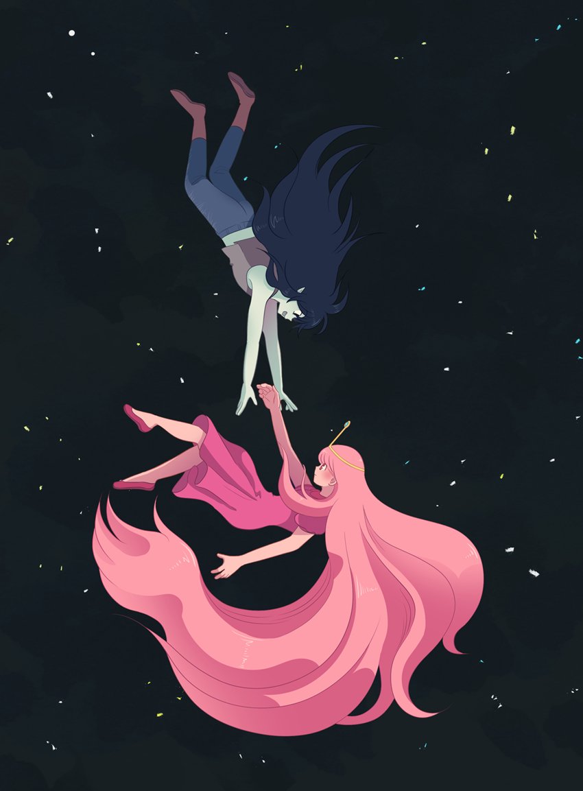 2girls adventure_time black_background black_hair boots eye_contact falling grey_skin long_hair looking_at_another marceline_abadeer multiple_girls nmnnm01 outstretched_arm pink_hair pink_skin pointy_ears princess_bonnibel_bubblegum sleeveless tank_top tiara very_long_hair