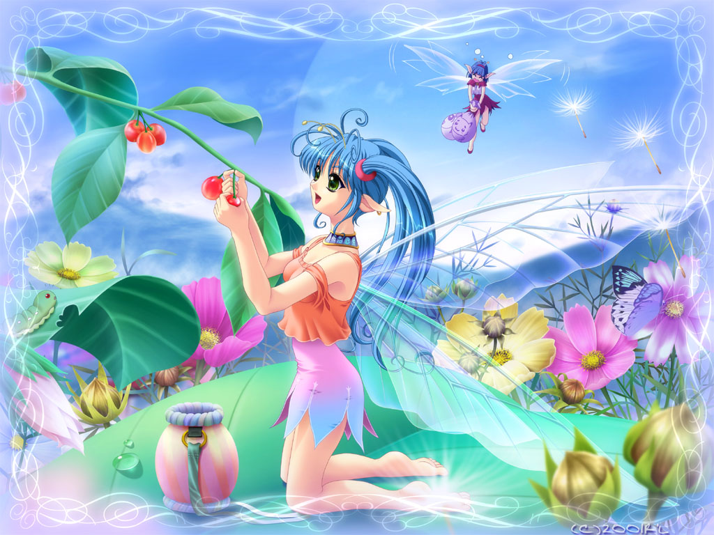 2girls antennae bare_shoulders barefoot berries blue_hair bug butterfly caterpillar choker commentary_request copyright_request dandelion fairy flower green_eyes harvest insect kneeling long_hair minigirl multiple_girls nature pixie pointy_ears r'l skirt smile twintails wings