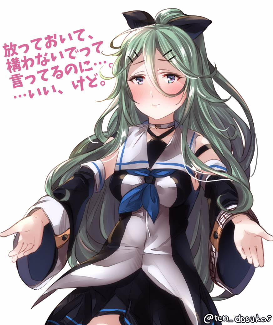 1girl black_bow black_skirt blue_eyes blue_neckwear blush bow commentary_request eyebrows_visible_through_hair green_hair hair_between_eyes hair_ornament hairclip juurouta kantai_collection long_hair long_sleeves looking_at_viewer miniskirt neckerchief outstretched_arms school_uniform serafuku simple_background skirt solo translation_request white_background yamakaze_(onmyoji)