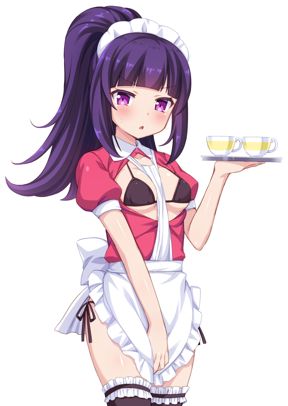 1girl :o apron bangs black_bra black_legwear blunt_bangs blush bra breasts breasts_outside cup eyebrows_visible_through_hair hanazono_shuuka highres idol_time_pripara looking_at_viewer maid maid_headdress panties pink_eyes ponytail pripara purple_hair short_hair short_sleeves side-tie_panties simple_background small_breasts solo teacup thigh-highs tiger_rmn underwear white_background