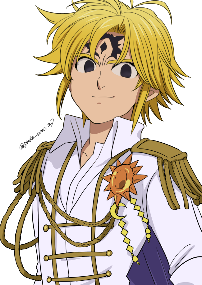 1boy aiguillette alternate_costume antenna_hair artist_name black_eyes blonde_hair dark_persona double-breasted epaulettes evil_smile harumiya long_sleeves looking_at_viewer male_focus meliodas moon nanatsu_no_taizai shirt smile sun white_background white_shirt