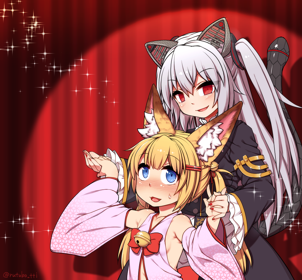 2girls animal_ears arms_up bell black_dress blonde_hair blue_eyes blush cat_ears cat_tail detached_sleeves dress fake_animal_ears fake_tail fang fox_ears grey_hair hair_ornament hairclip hand_holding jingle_bell kemomimi_oukoku_kokuei_housou long_hair mikoko_(kemomimi_oukoku_kokuei_housou) multiple_girls nora_cat nora_cat_channel open_clothes open_mouth open_shirt pink_shirt red_eyes rutsubo shirt smile tail twintails two_side_up upper_body virtual_youtuber