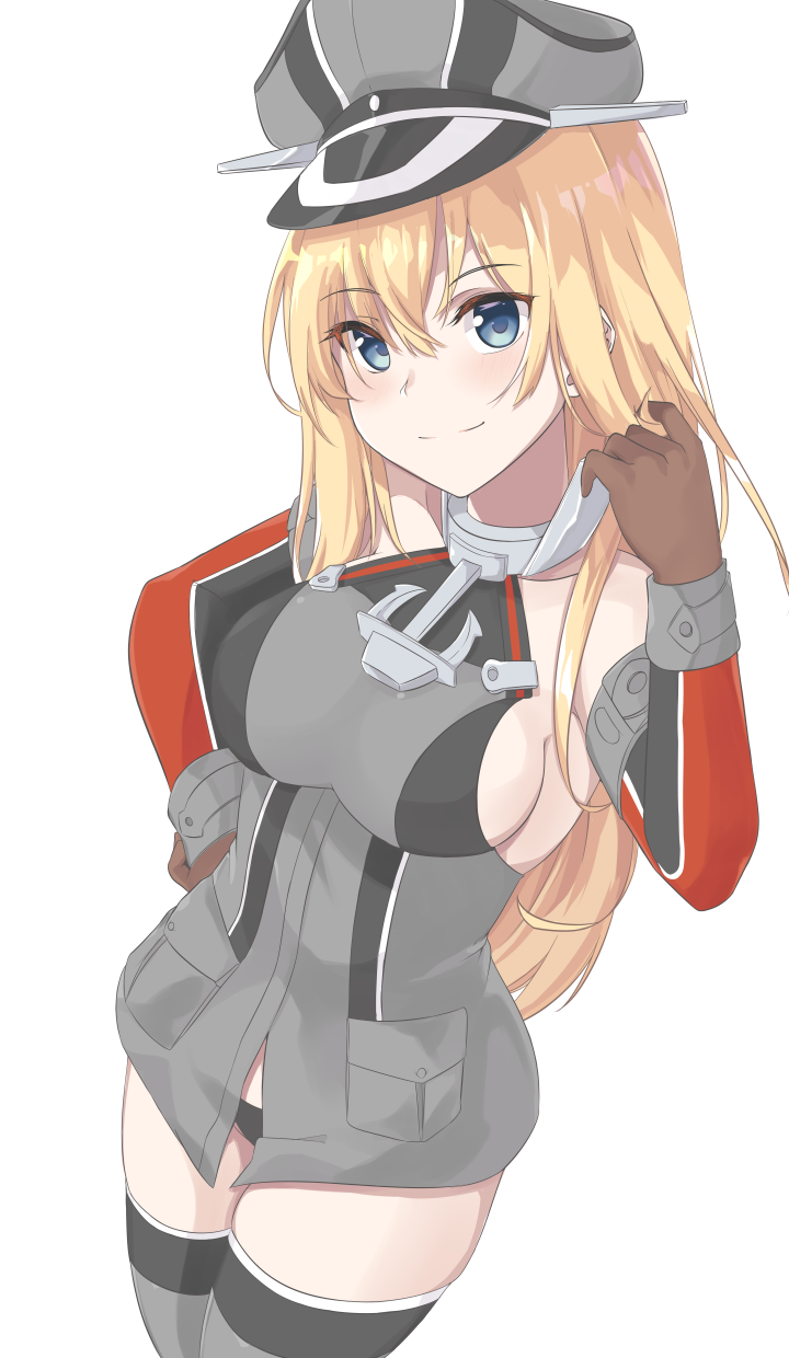 1girl anchor bare_shoulders bismarck_(kantai_collection) blonde_hair blue_eyes breasts brown_gloves detached_sleeves gloves grey_legwear hair_between_eyes hat highres kantai_collection long_hair military military_hat military_uniform peaked_cap sideboob simple_background smile solo thigh-highs tiasis uniform white_background