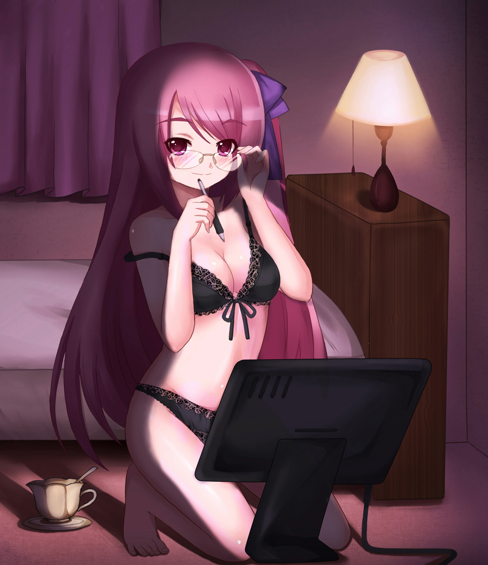 1girl bad_id bad_pixiv_id bare_shoulders barefoot bed black_bra black_panties blush bra breasts cleavage computer cup curtains glasses lamp lingerie long_hair medium_breasts monitor original panties pink_eyes pink_hair screen_light smile solo strap_slip stylus teacup tonee underwear underwear_only