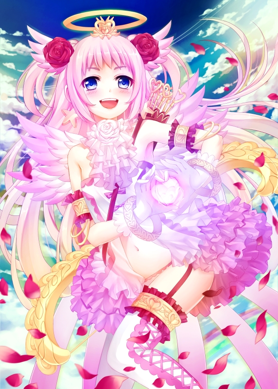 1girl :d arm_garter arrow bare_shoulders blue_eyes blue_sky clouds commentary copyright_request english_commentary flower frilled_skirt frills hair_flower hair_ornament halo head_wings heart heart_arrow heart_hands leg_garter looking_at_viewer navel open_clothes open_mouth open_skirt outdoors pink_flower pink_hair pink_rose pink_skirt quiver rose skirt sky smile solo standing thigh-highs tiara tonee two_side_up white_legwear wings