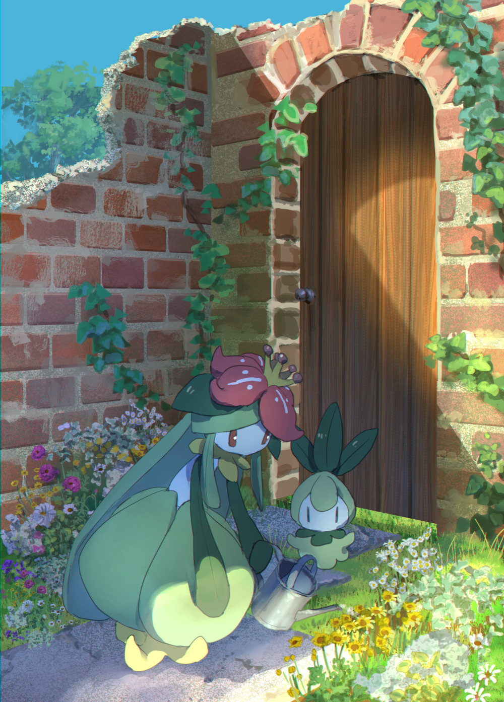 blue_sky brick_wall day flower garden gen_5_pokemon grass highres holding ivy lilligant no_humans outdoors petilil pippi_(pixiv_1922055) pokemon red_eyes ruins sky watering watering_can |_|