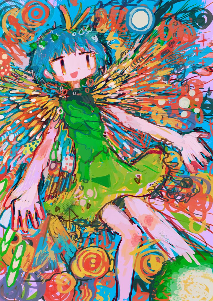 1girl abstract antennae aqua_hair butterfly_wings colorful dress eternity_larva eyebrows_visible_through_hair gradient_eyes green_dress hito_(nito563) multicolored multicolored_background multicolored_eyes open_mouth orange_eyes outstretched_arms short_hair sleeveless smile solo spread_arms touhou wings