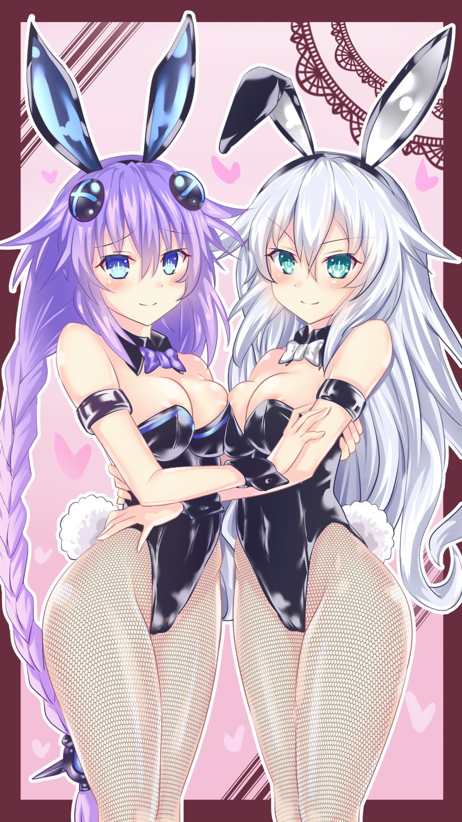 2girls animal_ears black_heart breasts bunnysuit fishnets highres kazuneko_(wktk1024) multiple_girls neptune_(series) pink_background purple_hair purple_heart rabbit_ears violet_eyes